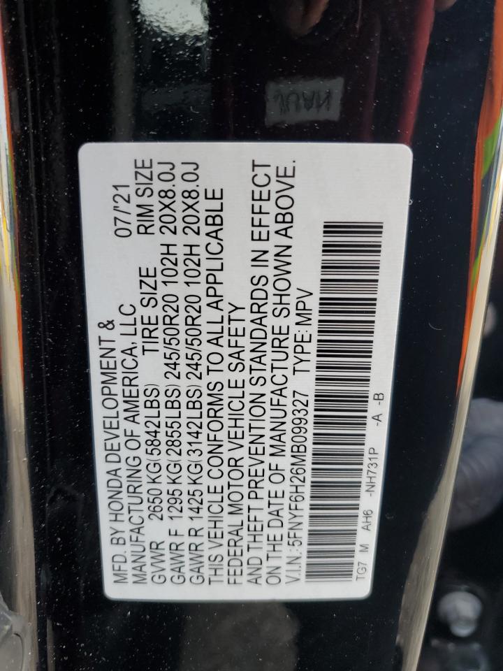 2021 Honda Pilot Se VIN: 5FNYF6H26MB099327 Lot: 67359165