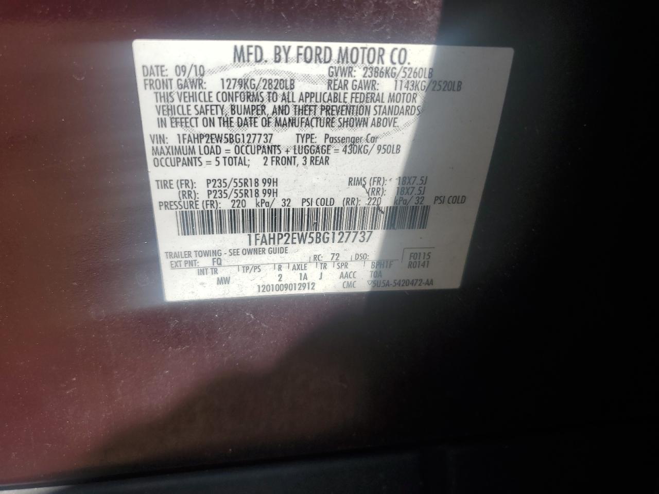 2011 Ford Taurus Sel VIN: 1FAHP2EW5BG127737 Lot: 68998555