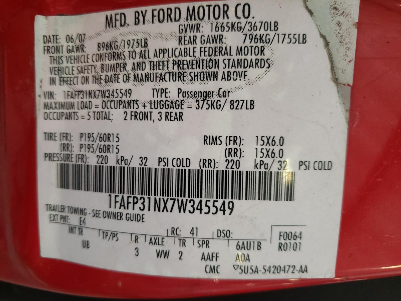 2007 Ford Focus Zx3 VIN: 1FAFP31NX7W345549 Lot: 70486535