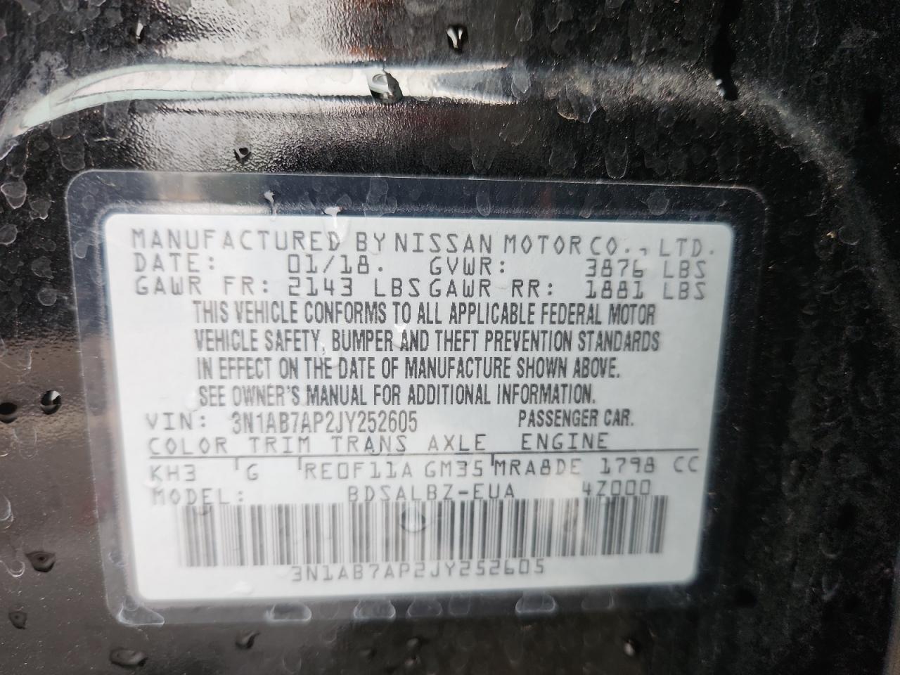 2018 Nissan Sentra S VIN: 3N1AB7AP2JY252605 Lot: 70549755