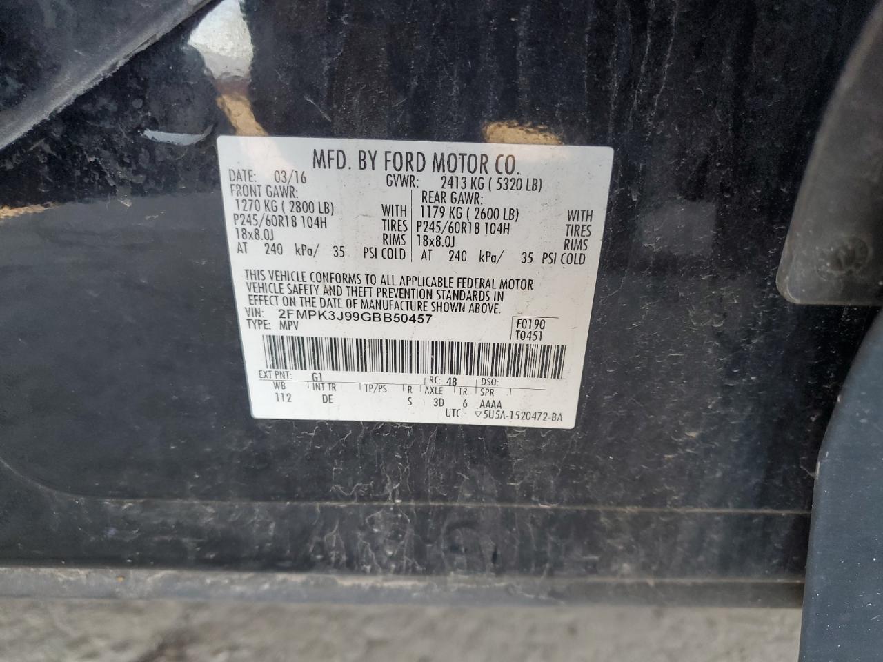 2016 Ford Edge Sel VIN: 2FMPK3J99GBB50457 Lot: 69883915