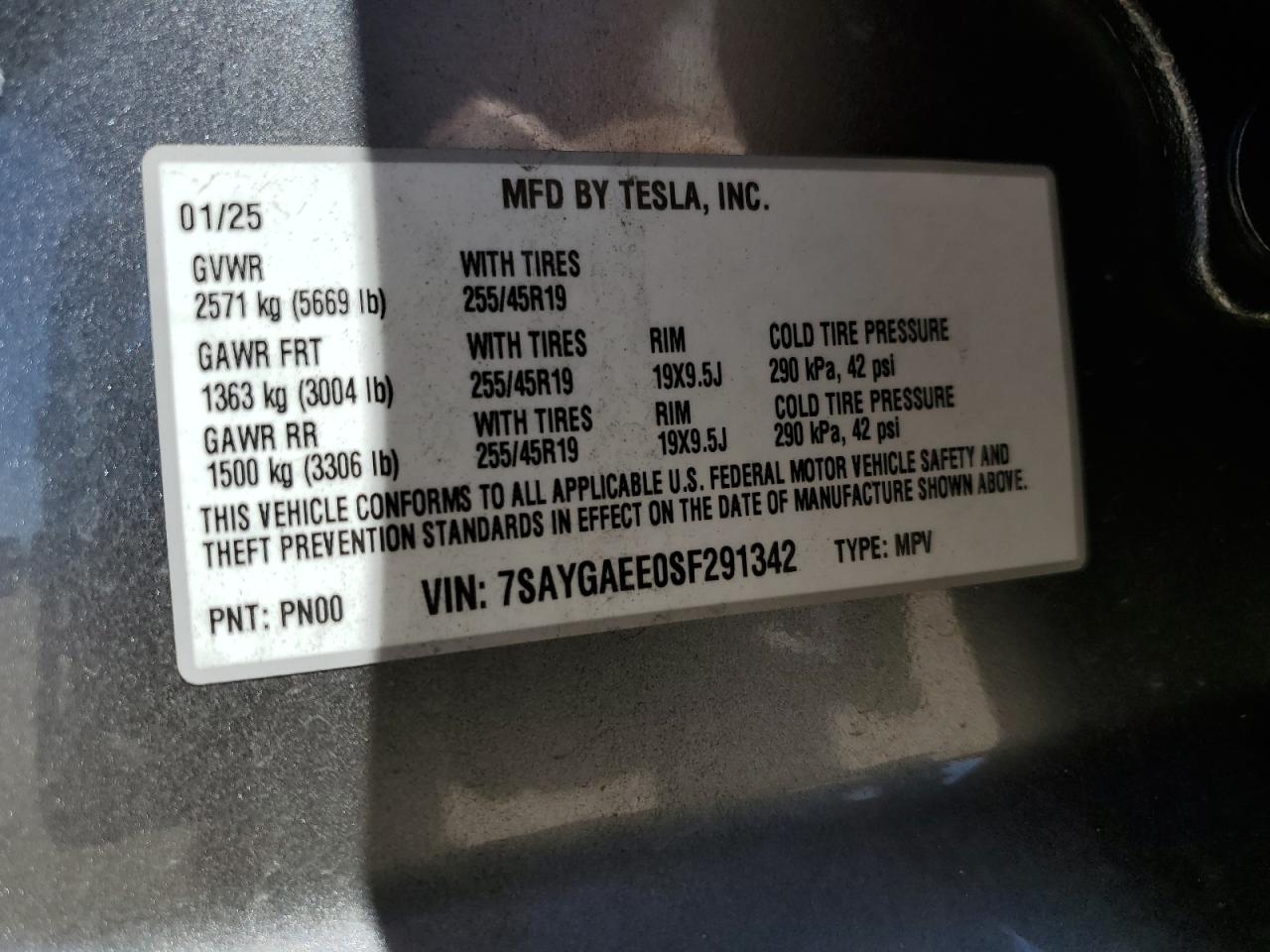 2025 Tesla Model Y VIN: 7SAYGAEE0SF291342 Lot: 68748985