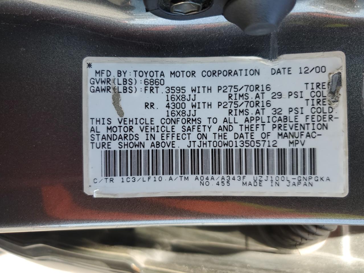 2001 Lexus Lx 470 VIN: JTJHT00W013505712 Lot: 68702875