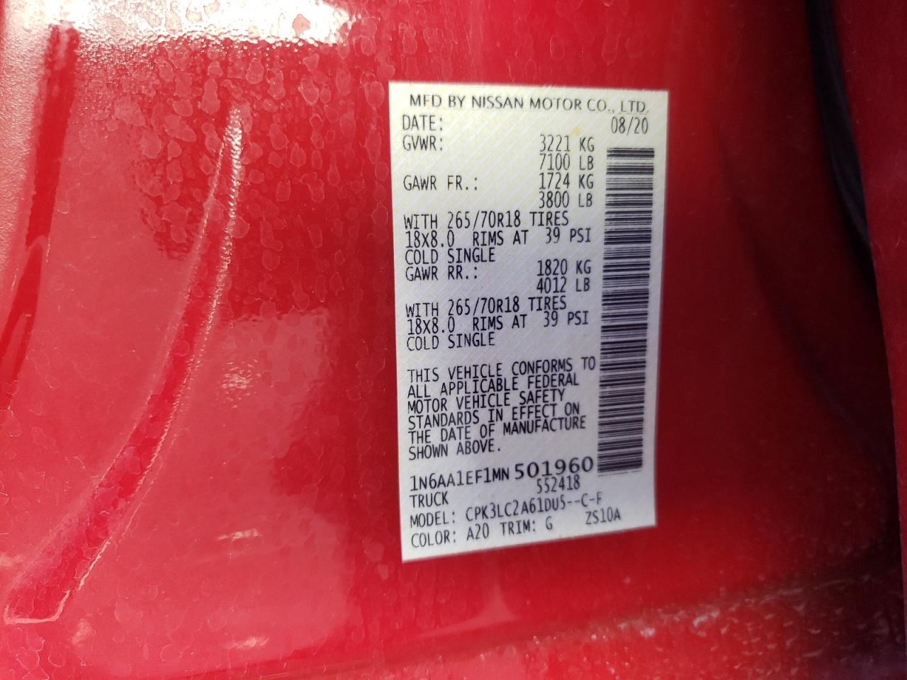 2021 Nissan Titan Sv VIN: 1N6AA1EF1MN501960 Lot: 70860465