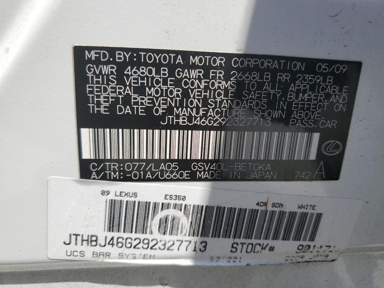 2009 Lexus Es 350 VIN: JTHBJ46G292327713 Lot: 70229375