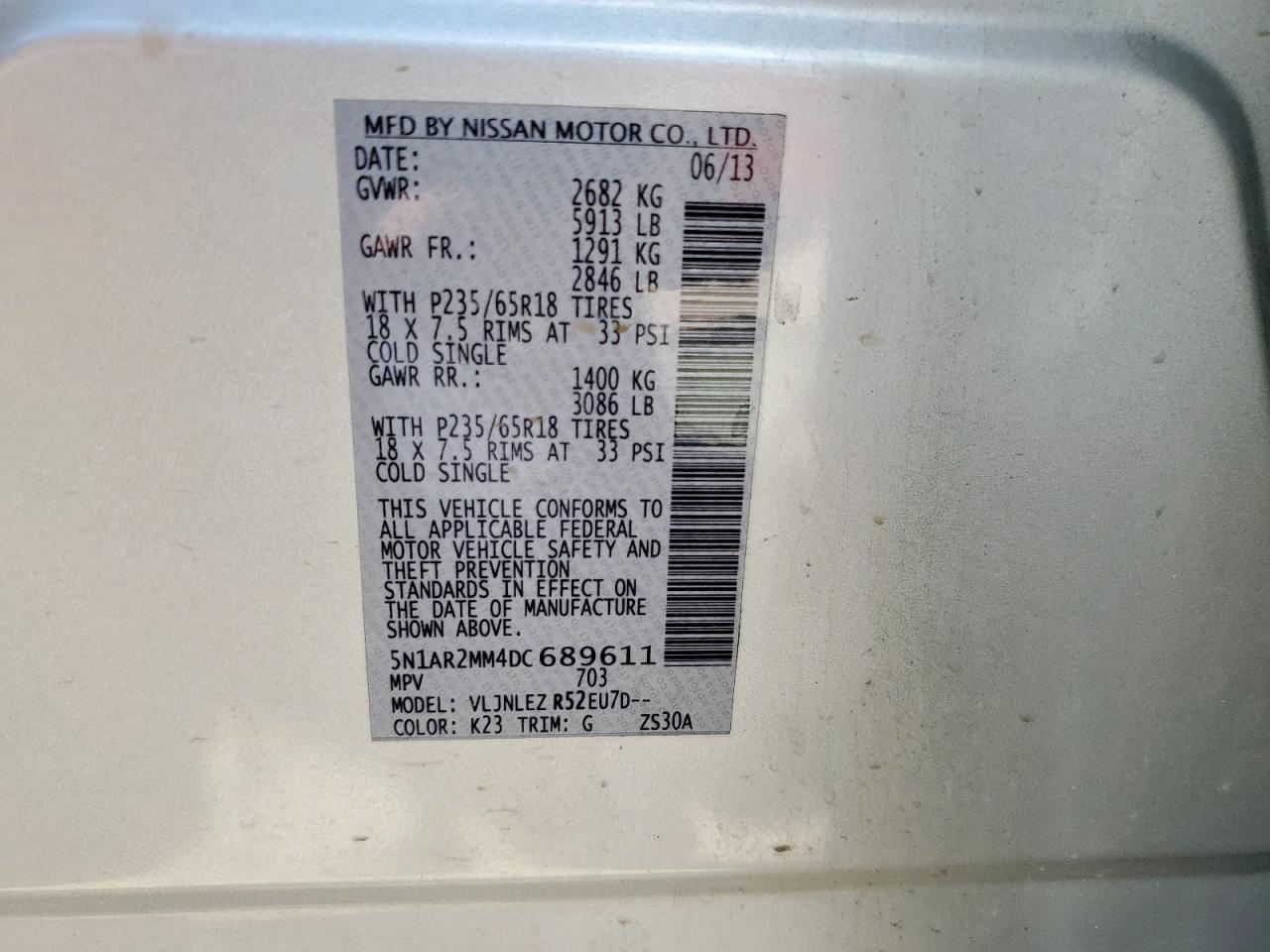 2013 Nissan Pathfinder S VIN: 5N1AR2MM4DC689611 Lot: 69287935