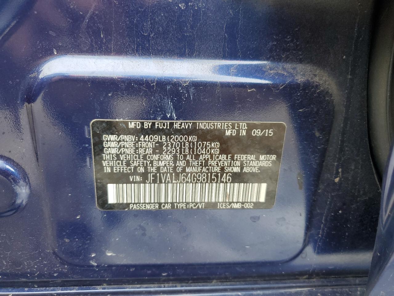 2016 Subaru Wrx Limited VIN: JF1VA1J64G9815146 Lot: 66537105