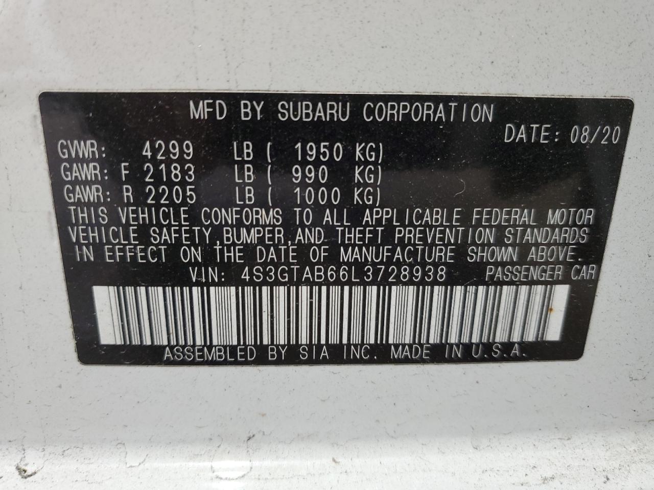 2020 Subaru Impreza VIN: 4S3GTAB66L3728938 Lot: 69218095