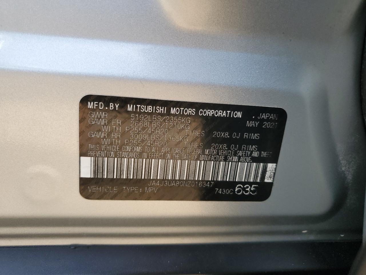 2022 Mitsubishi Outlander Se VIN: JA4J3UA80NZ016347 Lot: 67609805