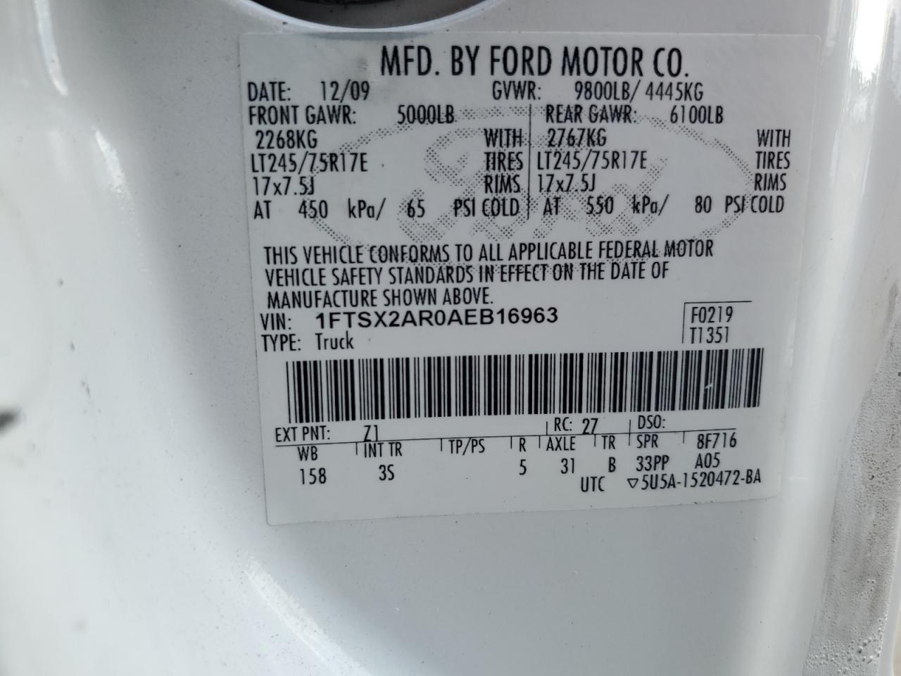 2010 Ford F250 Super Duty VIN: 1FTSX2AR0AEB16963 Lot: 69095165