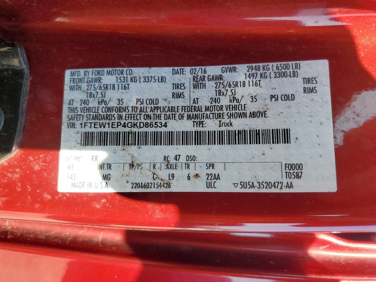 2016 Ford F150 Supercrew VIN: 1FTEW1EP4GKD86534 Lot: 69607835