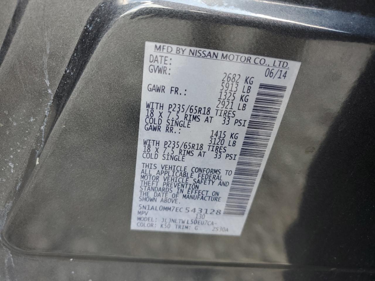 2014 Infiniti Qx60 VIN: 5N1AL0MM7EC543128 Lot: 68122165