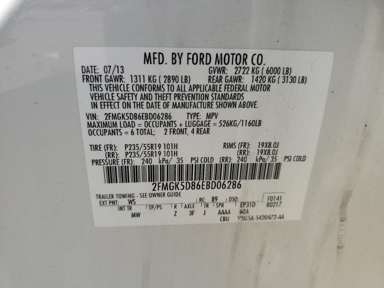 2014 Ford Flex Limited VIN: 2FMGK5D86EBD06286 Lot: 70856885