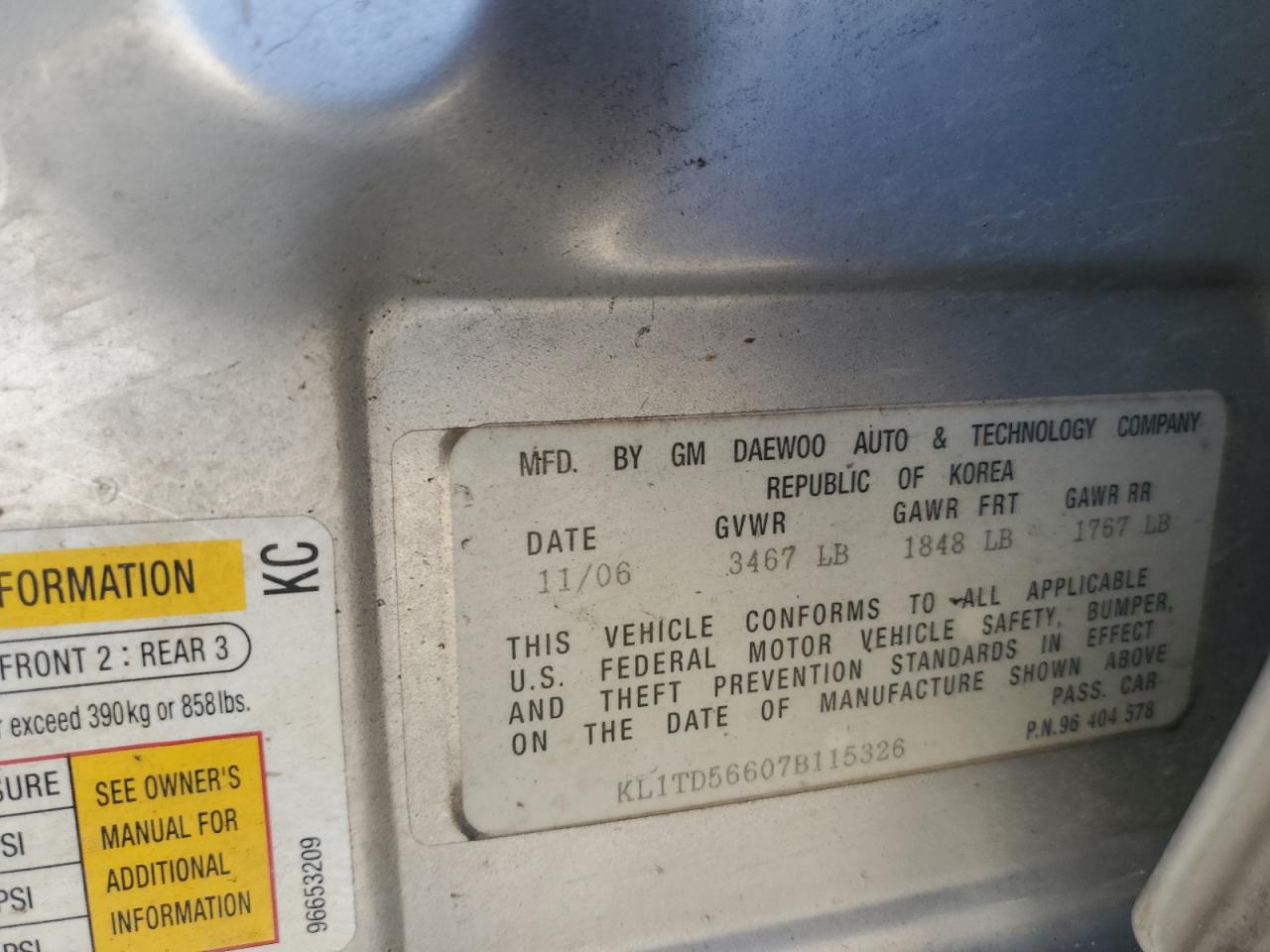 2007 Chevrolet Aveo Base VIN: KL1TD56607B115326 Lot: 70799345