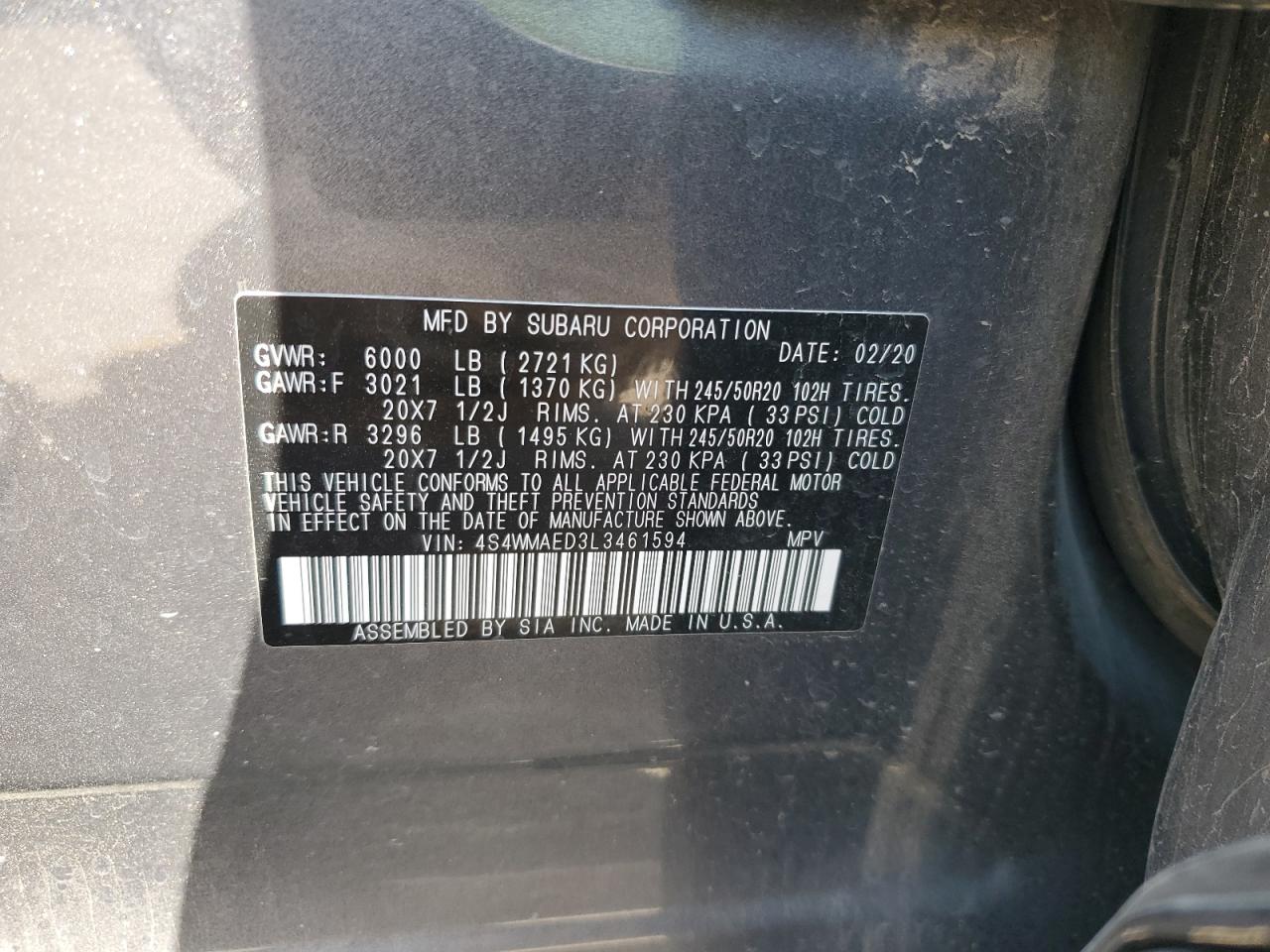 2020 Subaru Ascent Premium VIN: 4S4WMAED3L3461594 Lot: 68191985