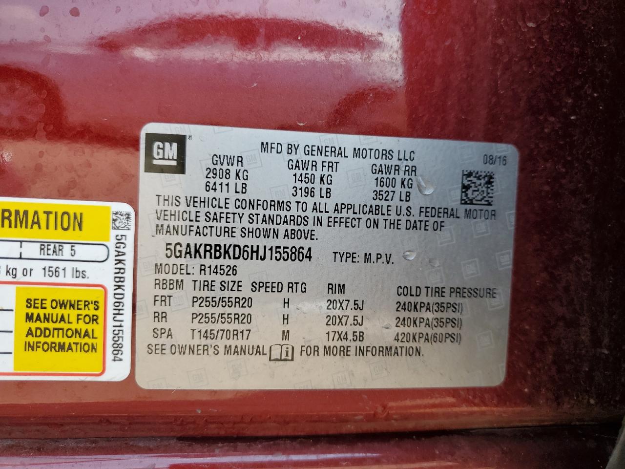 2017 Buick Enclave VIN: 5GAKRBKD6HJ155864 Lot: 69027085