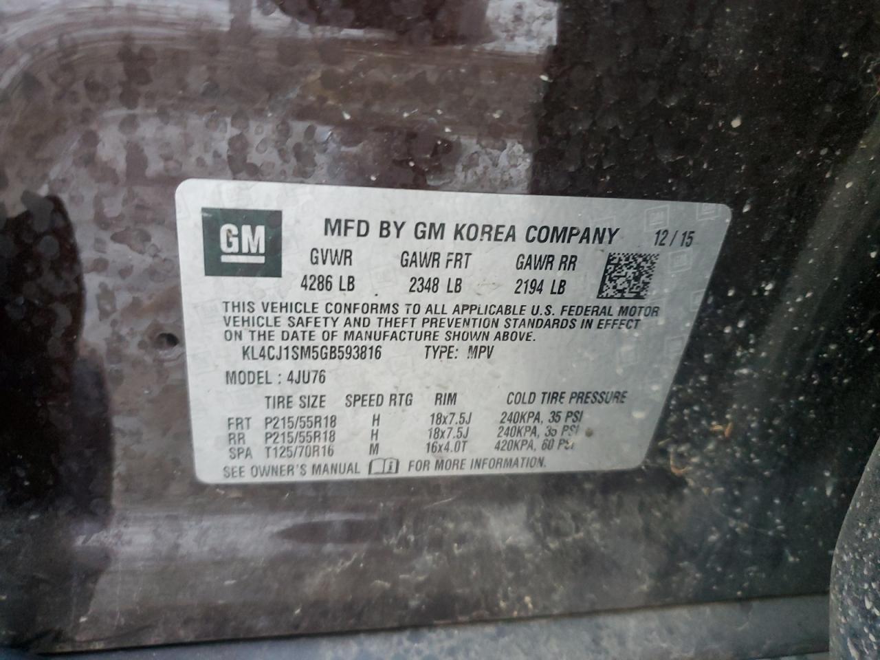 2016 Buick Encore Sport Touring VIN: KL4CJ1SM5GB593816 Lot: 69825255