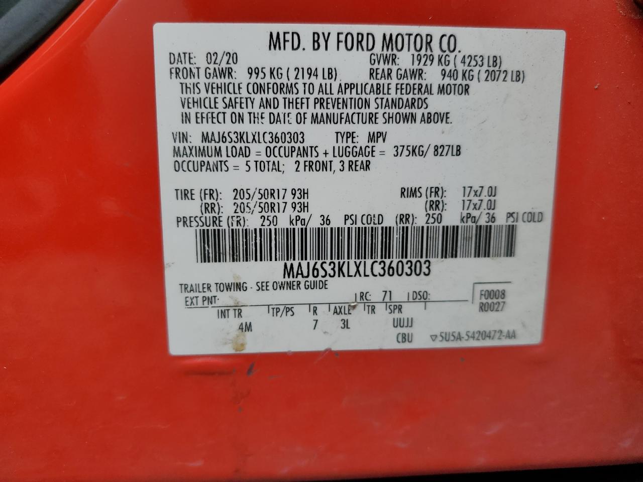 2020 Ford Ecosport Titanium VIN: MAJ6S3KLXLC360303 Lot: 69007065