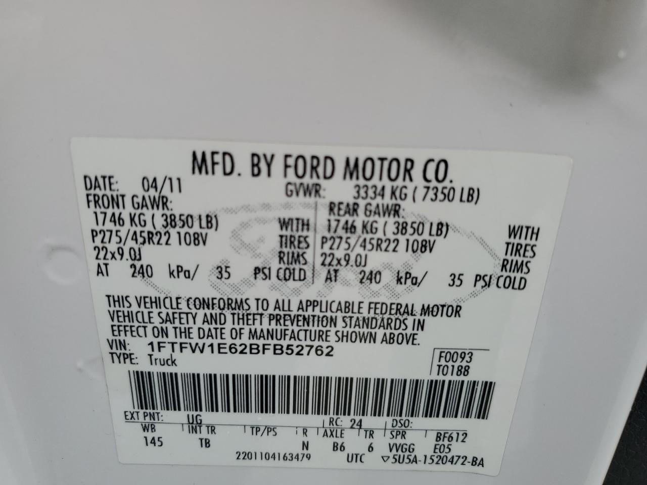 2011 Ford F150 Supercrew VIN: 1FTFW1E62BFB52762 Lot: 67944725