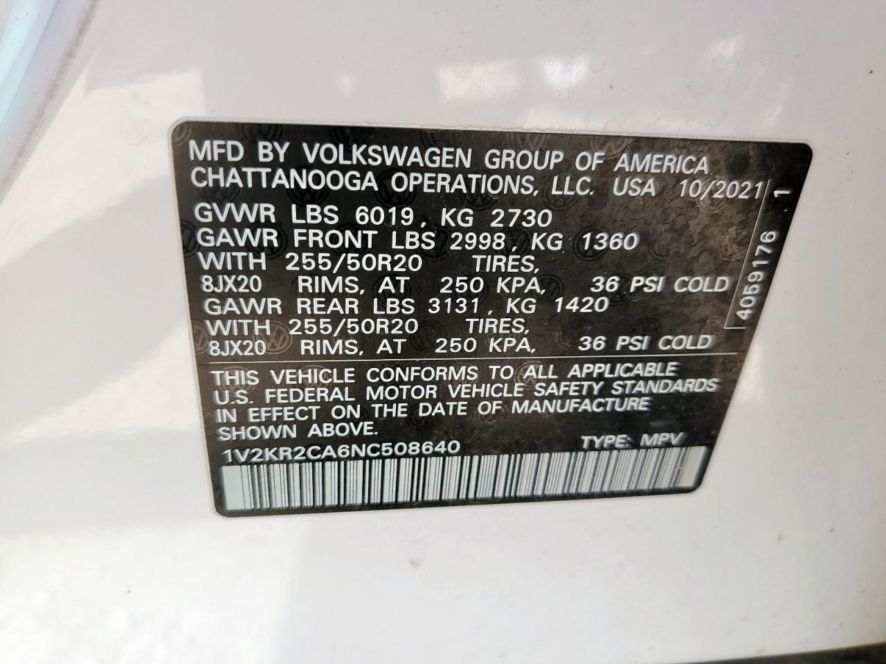 2022 Volkswagen Atlas Se VIN: 1V2KR2CA6NC508640 Lot: 68510035