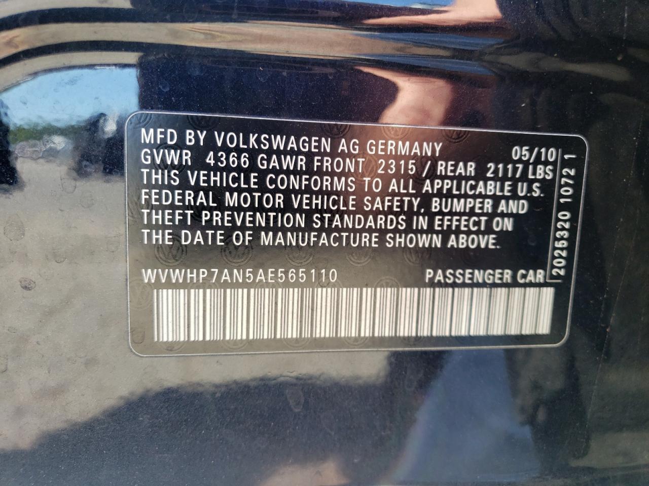 2010 Volkswagen Cc Luxury VIN: WVWHP7AN5AE565110 Lot: 66708245