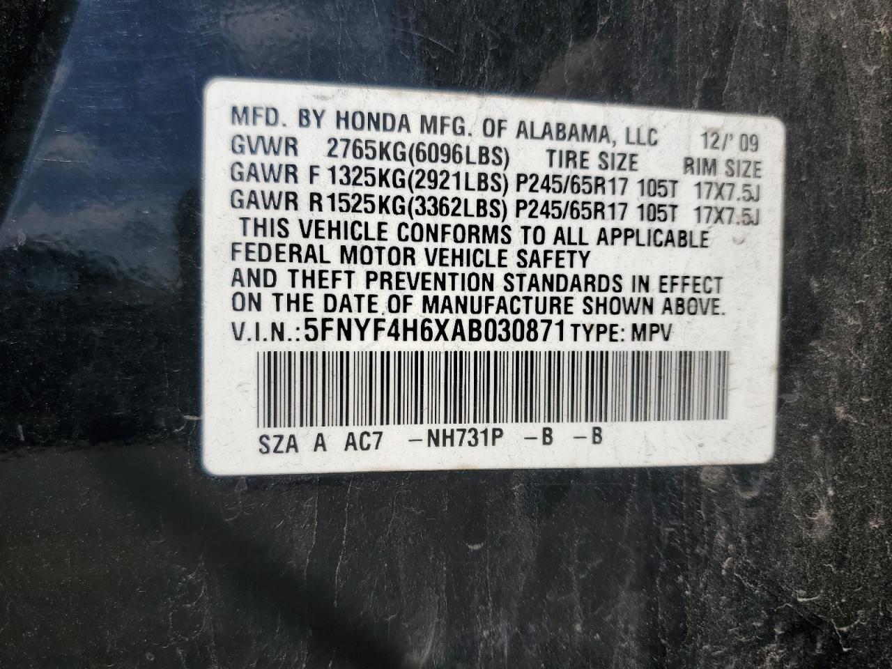 2010 Honda Pilot Exl VIN: 5FNYF4H6XAB030871 Lot: 70213605