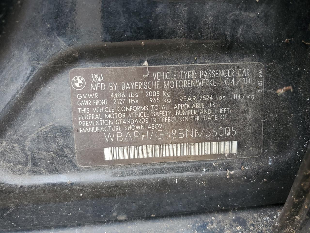 2011 BMW 328 I VIN: WBAPH7G58BNM55005 Lot: 68631985