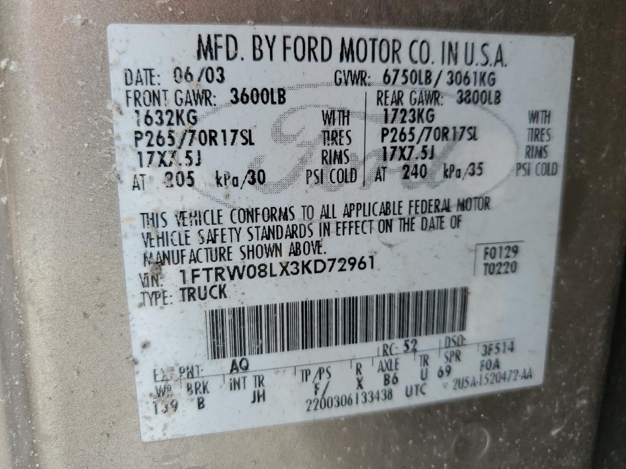 2003 Ford F150 Supercrew VIN: 1FTRW08LX3KD72961 Lot: 70538135