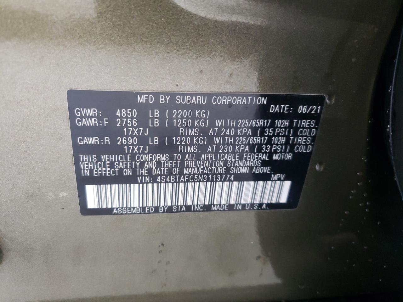 2022 Subaru Outback Premium VIN: 4S4BTAFC5N3113774 Lot: 68015855