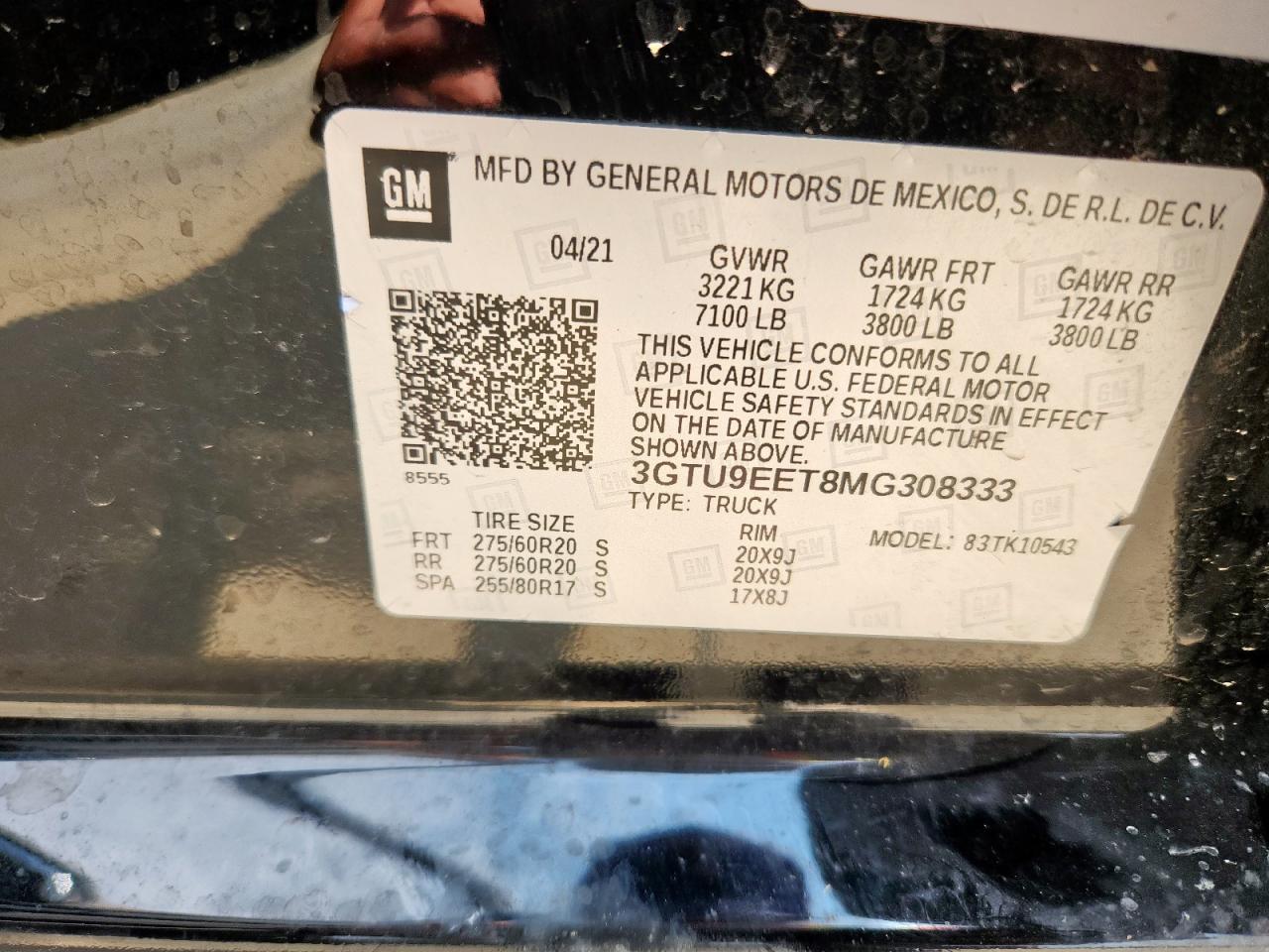 2021 GMC Sierra K1500 At4 VIN: 3GTU9EET8MG308333 Lot: 70448405