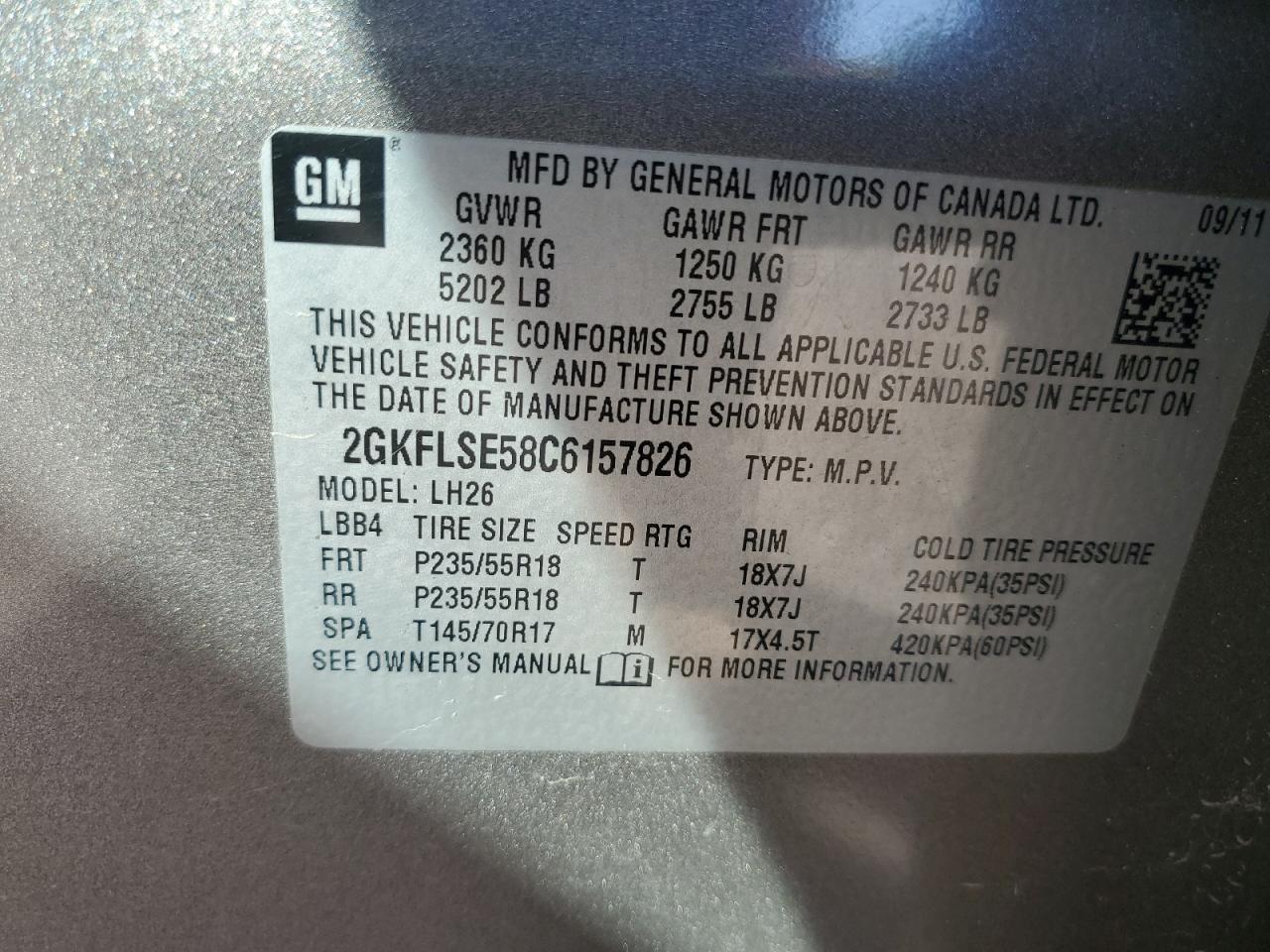 2012 GMC Terrain Sle VIN: 2GKFLSE58C6157826 Lot: 68196285