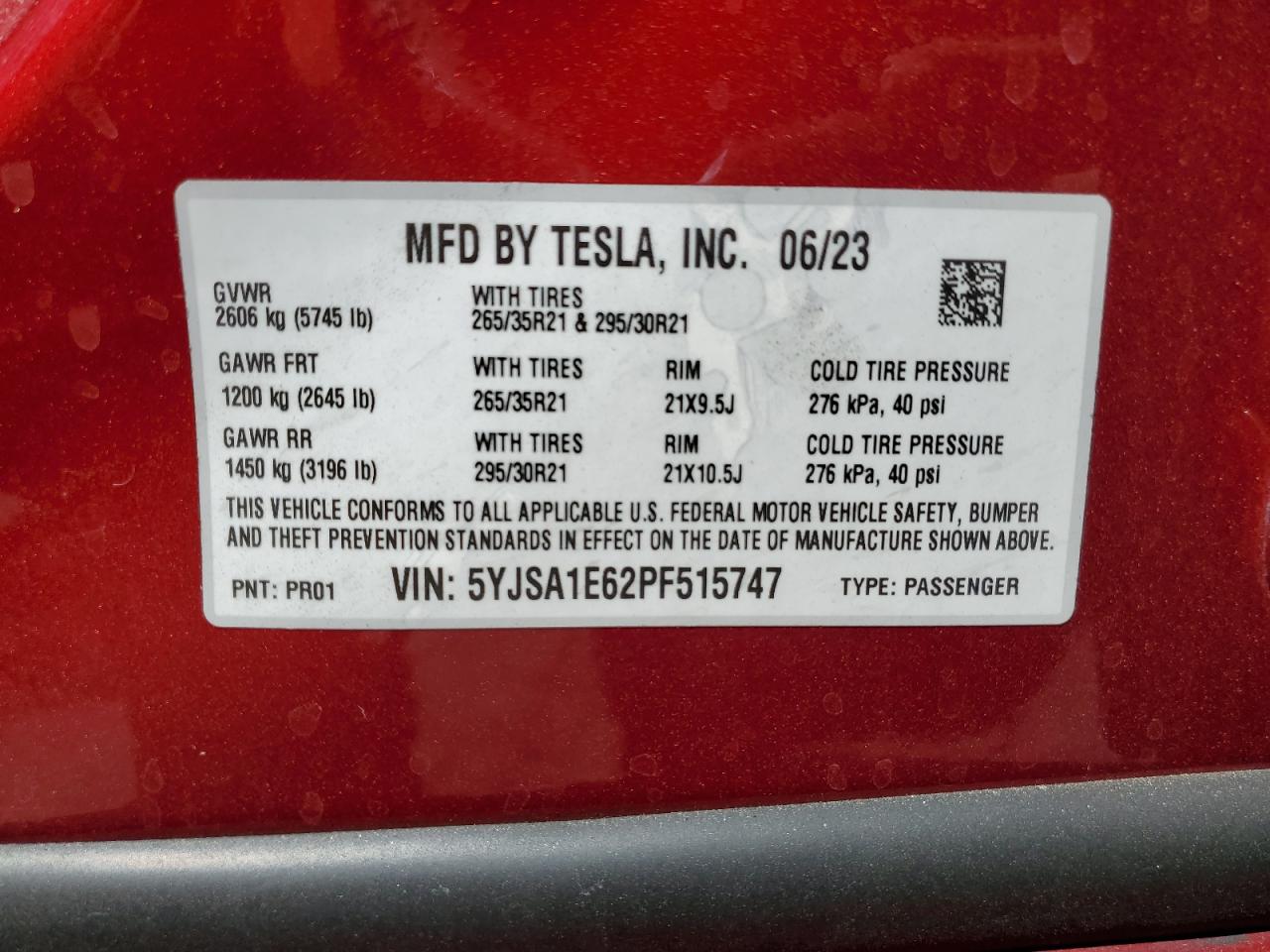 2023 Tesla Model S VIN: 5YJSA1E62PF515747 Lot: 70773385