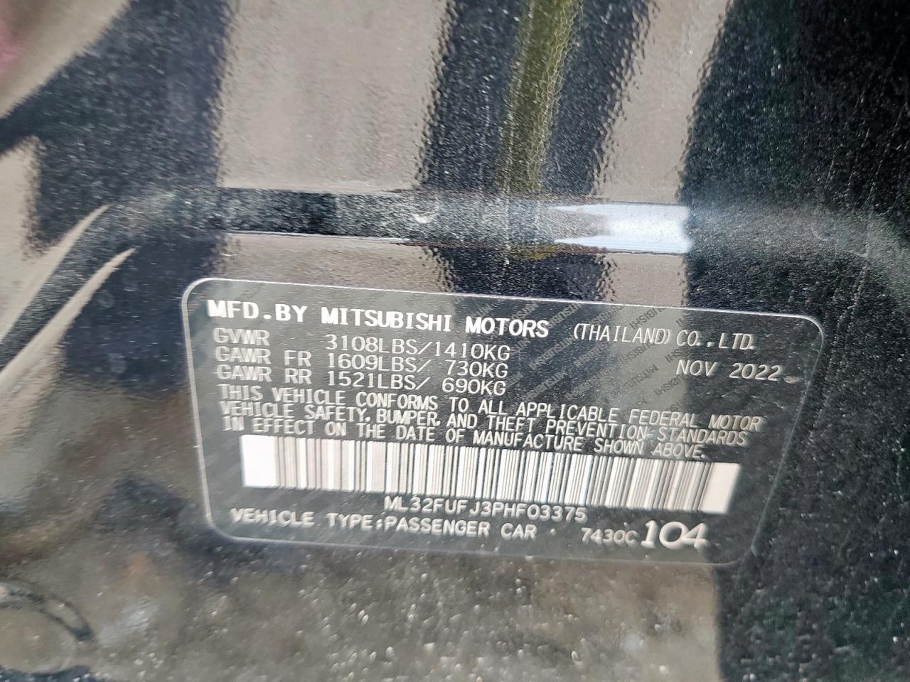 2023 Mitsubishi Mirage G4 Es VIN: ML32FUFJ3PHF03375 Lot: 68546595