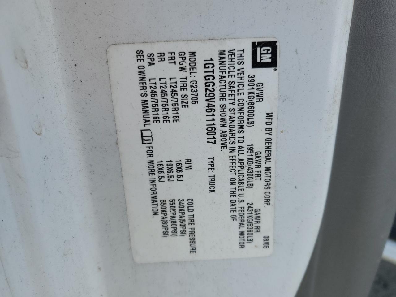 2006 GMC Savana G2500 VIN: 1GTGG29V461116017 Lot: 68619555