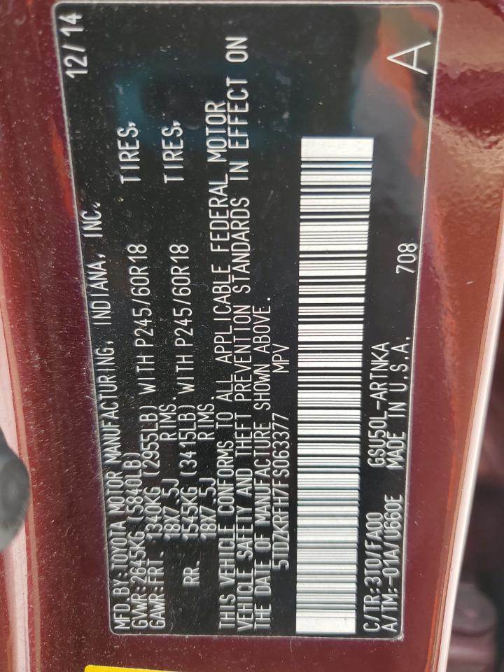 2015 Toyota Highlander Le VIN: 5TDZKRFH7FS063377 Lot: 66628365