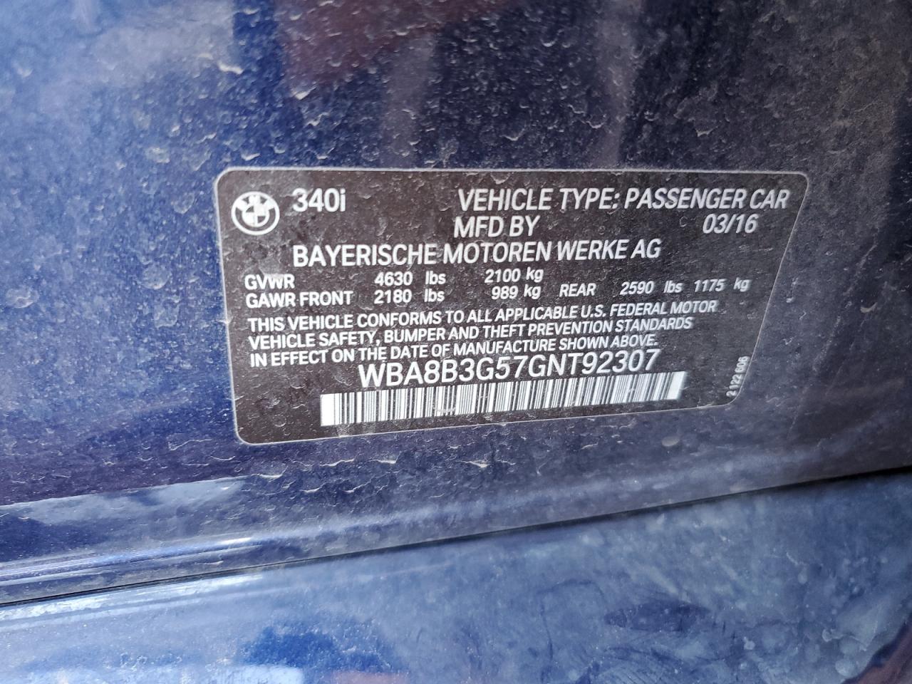 2016 BMW 340 I VIN: WBA8B3G57GNT92307 Lot: 69801555