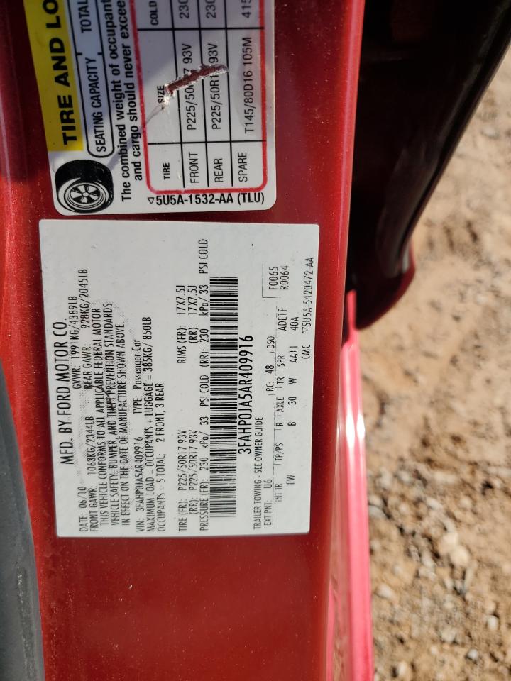 2010 Ford Fusion Sel VIN: 3FAHP0JA5AR409916 Lot: 70042985