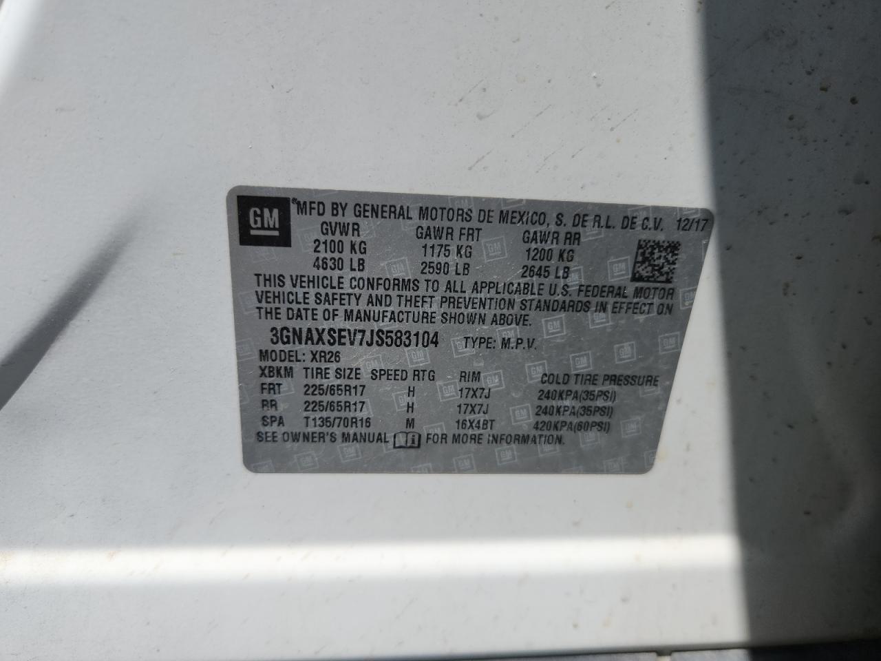 2018 Chevrolet Equinox Lt VIN: 3GNAXSEV7JS583104 Lot: 69702635