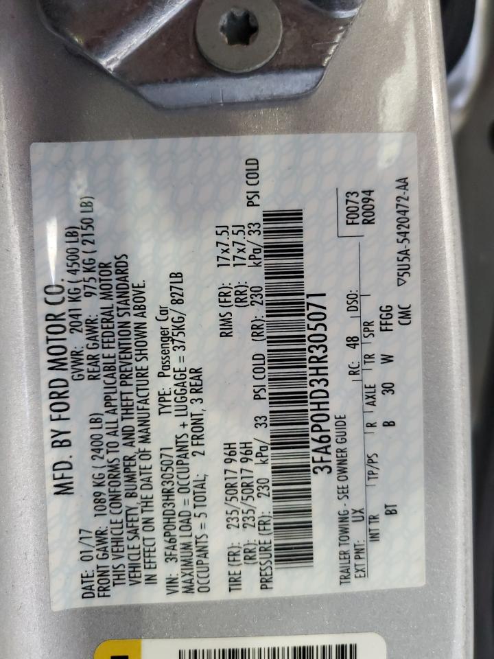 2017 Ford Fusion Se VIN: 3FA6P0HD3HR305071 Lot: 70317655