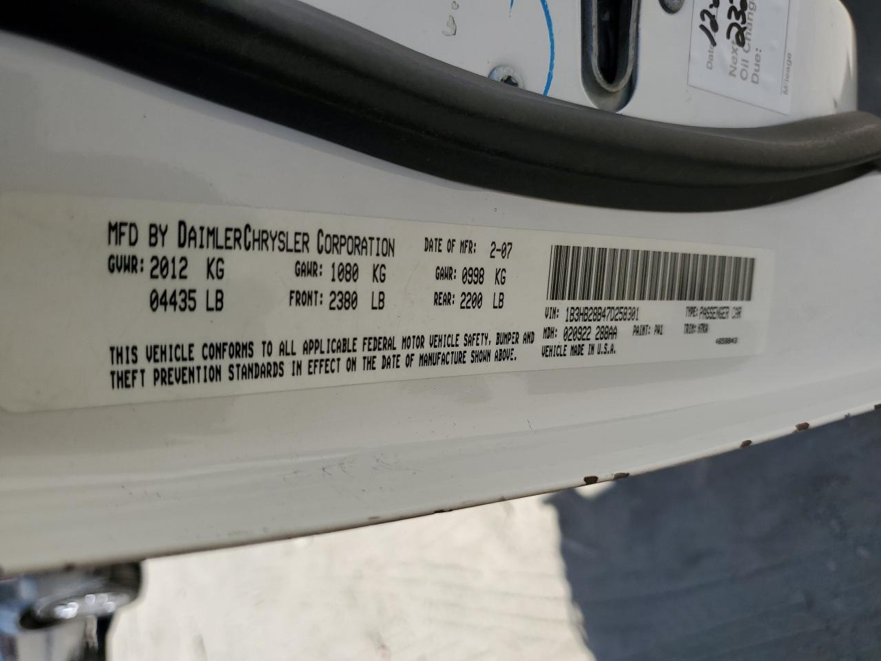 2007 Dodge Caliber VIN: 1B3HB28B47D258301 Lot: 69850435