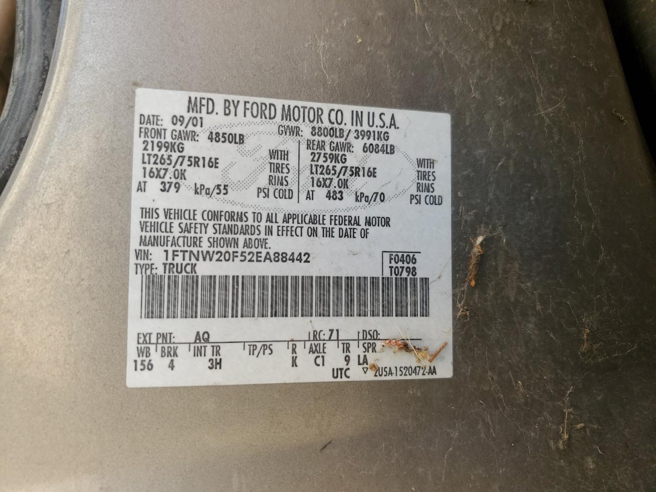 2002 Ford F250 Super Duty VIN: 1FTNW20F52EA88442 Lot: 70221855