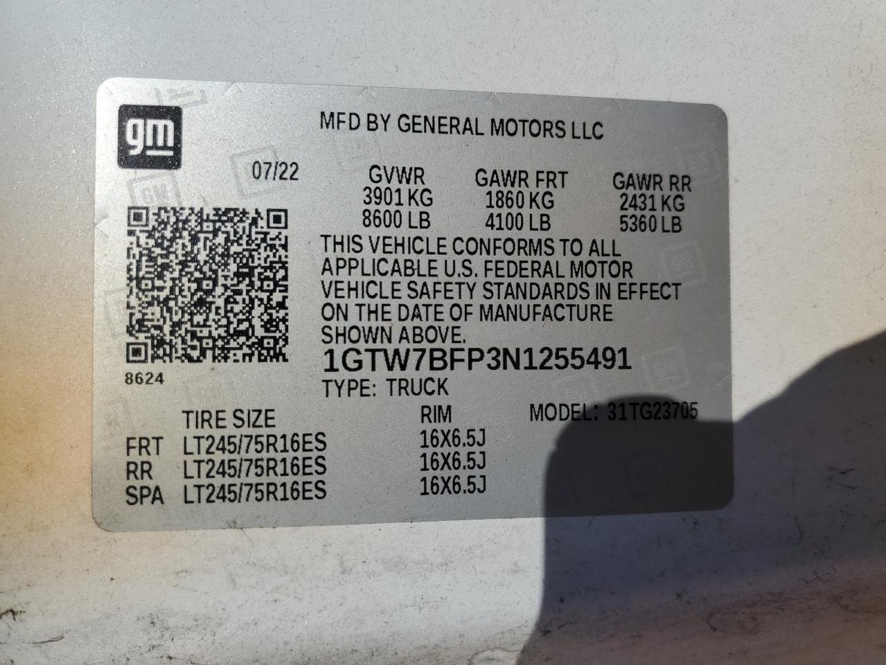 2022 GMC Savana G2500 VIN: 1GTW7BFP3N1255491 Lot: 70503105