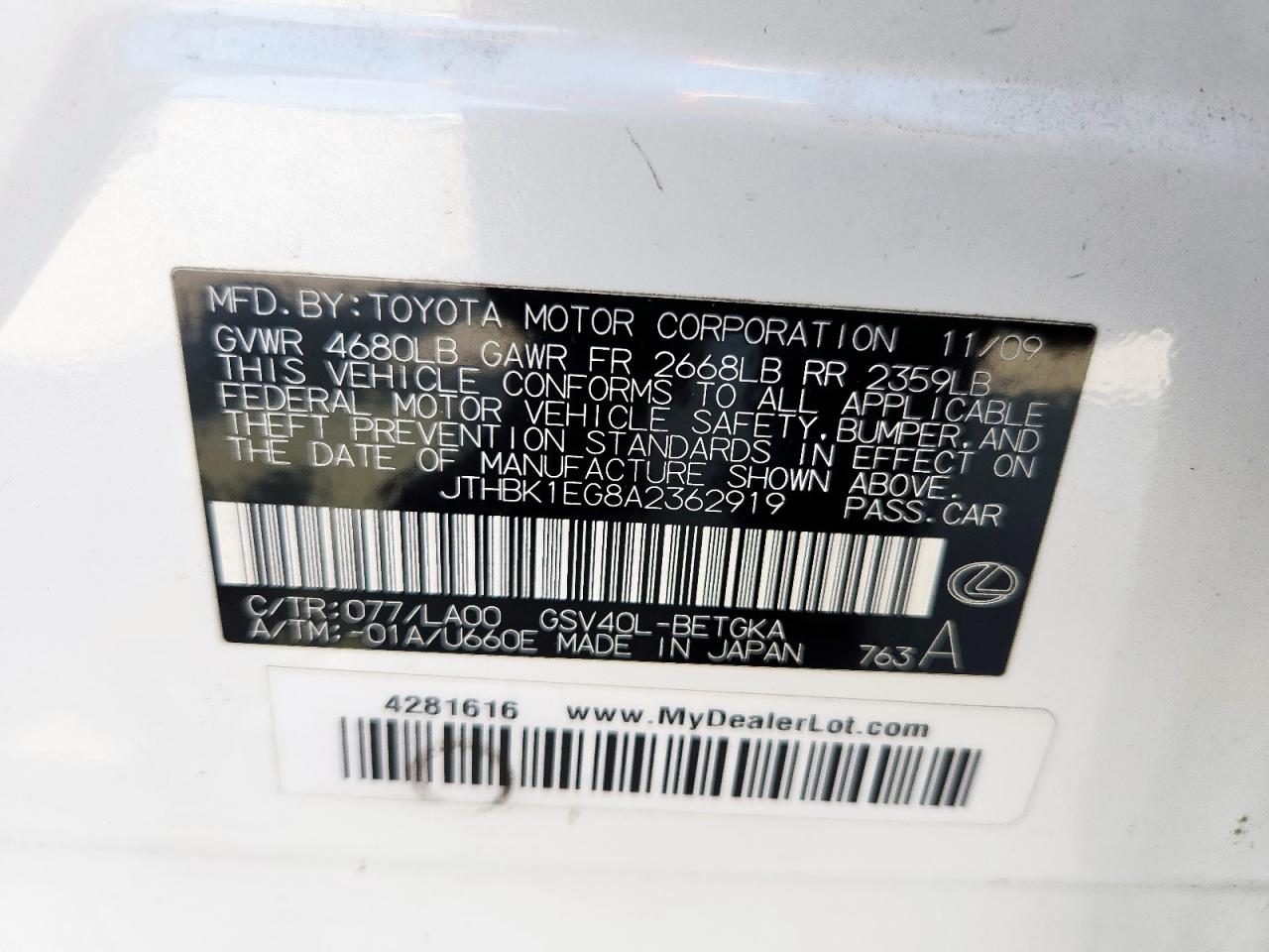 2010 Lexus Es 350 VIN: JTHBK1EG8A2362919 Lot: 70486035