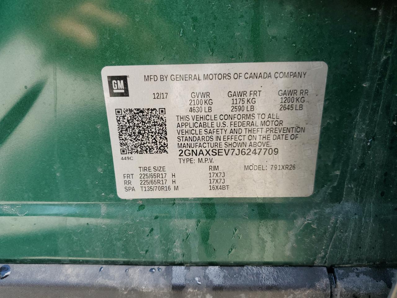 2018 Chevrolet Equinox Lt VIN: 2GNAXSEV7J6247709 Lot: 70009795