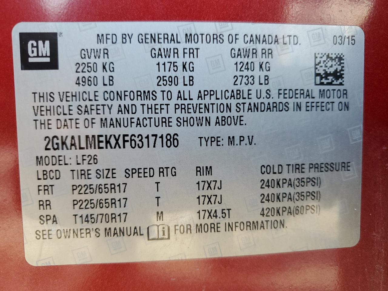 2015 GMC Terrain Sle VIN: 2GKALMEKXF6317186 Lot: 68197595