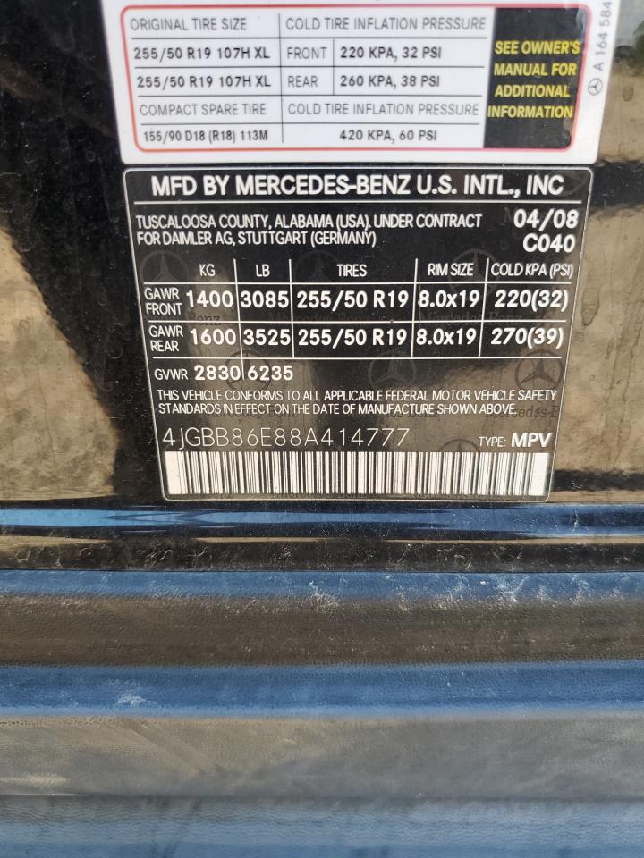 2008 Mercedes-Benz Ml 350 VIN: 4JGBB86E88A414777 Lot: 68310485
