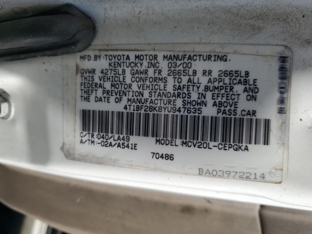 2000 Toyota Camry Le VIN: 4T1BF28K8YU947635 Lot: 70465985