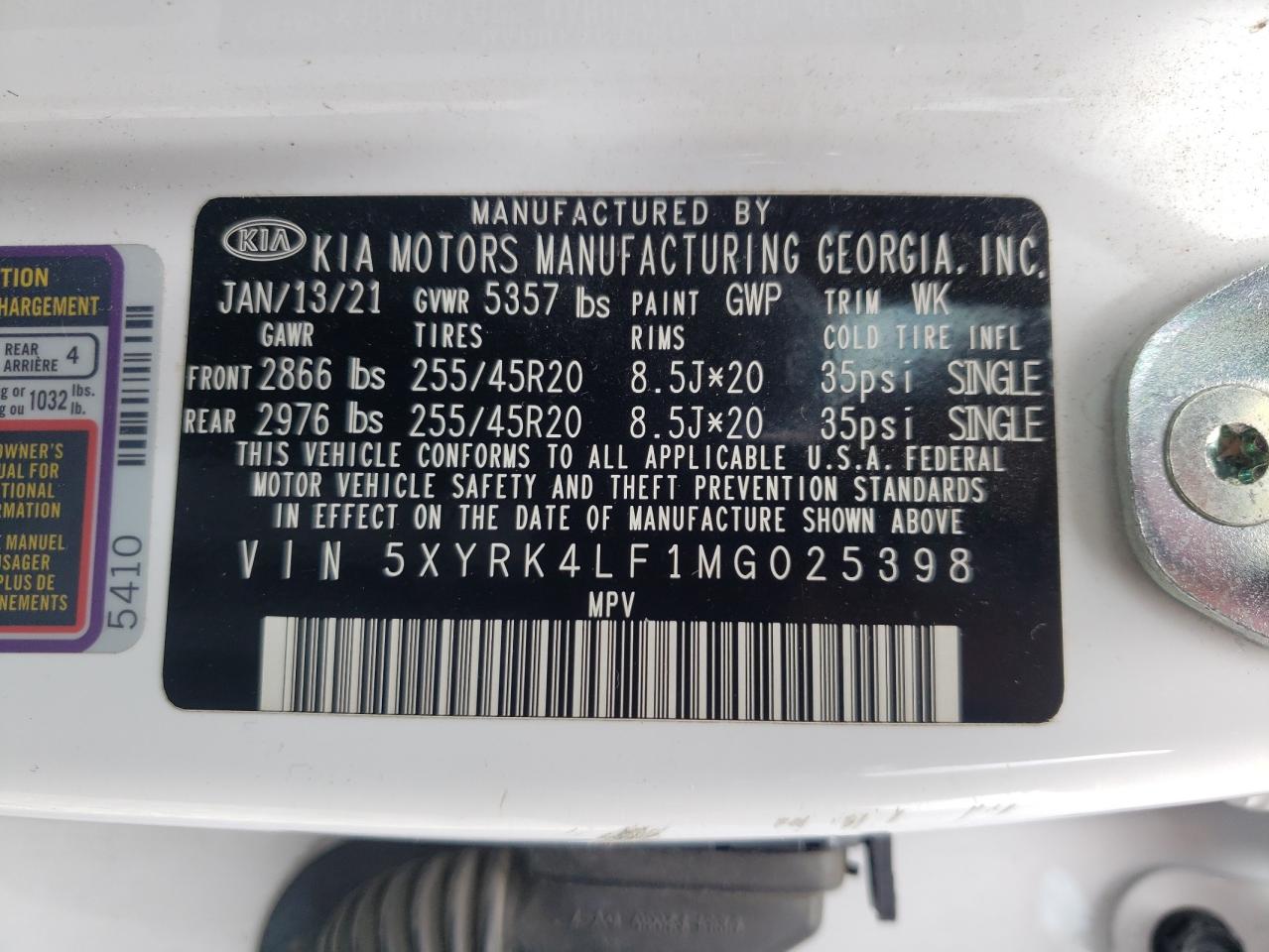 2021 Kia Sorento Sx VIN: 5XYRK4LF1MG025398 Lot: 68978805