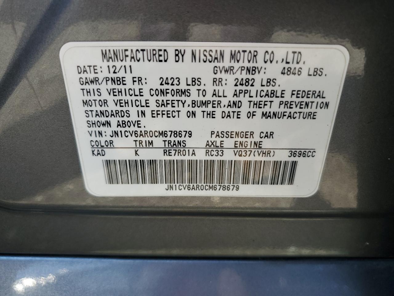 2012 Infiniti G37 VIN: JN1CV6AR0CM678679 Lot: 68839365
