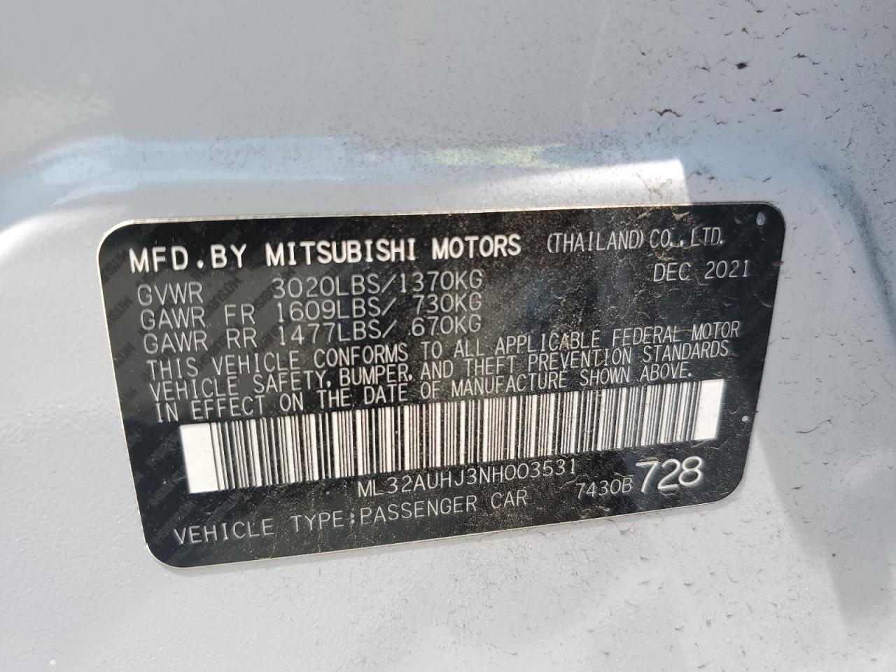 2022 Mitsubishi Mirage Es VIN: ML32AUHJ3NH003531 Lot: 70650525